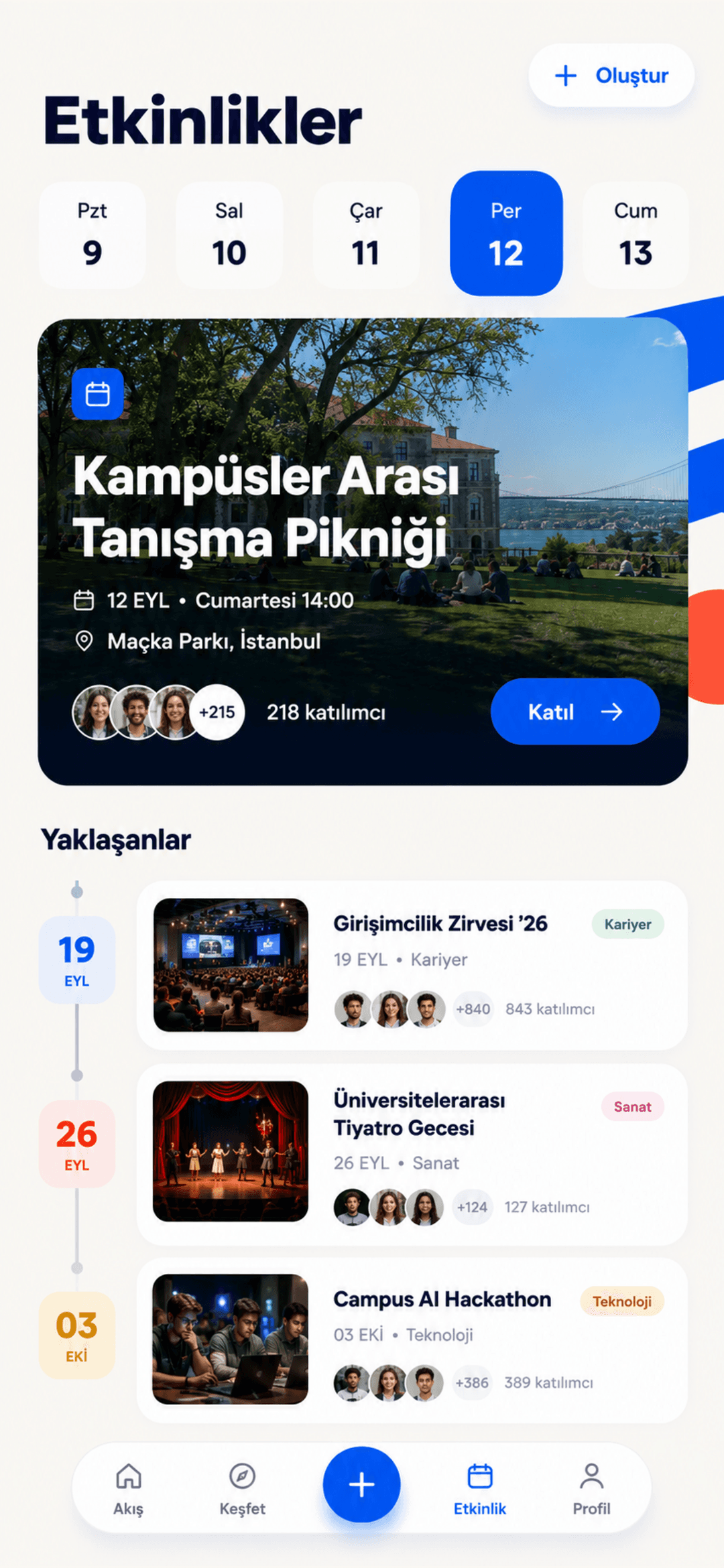 amfigram etkinlikler ekranı: kampüs etkinlik takvimi ve katılım kartı